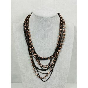 Coldwater Creek Necklace Layered Brown Faux Pearl Mesh Chain Bronze Tone 24"